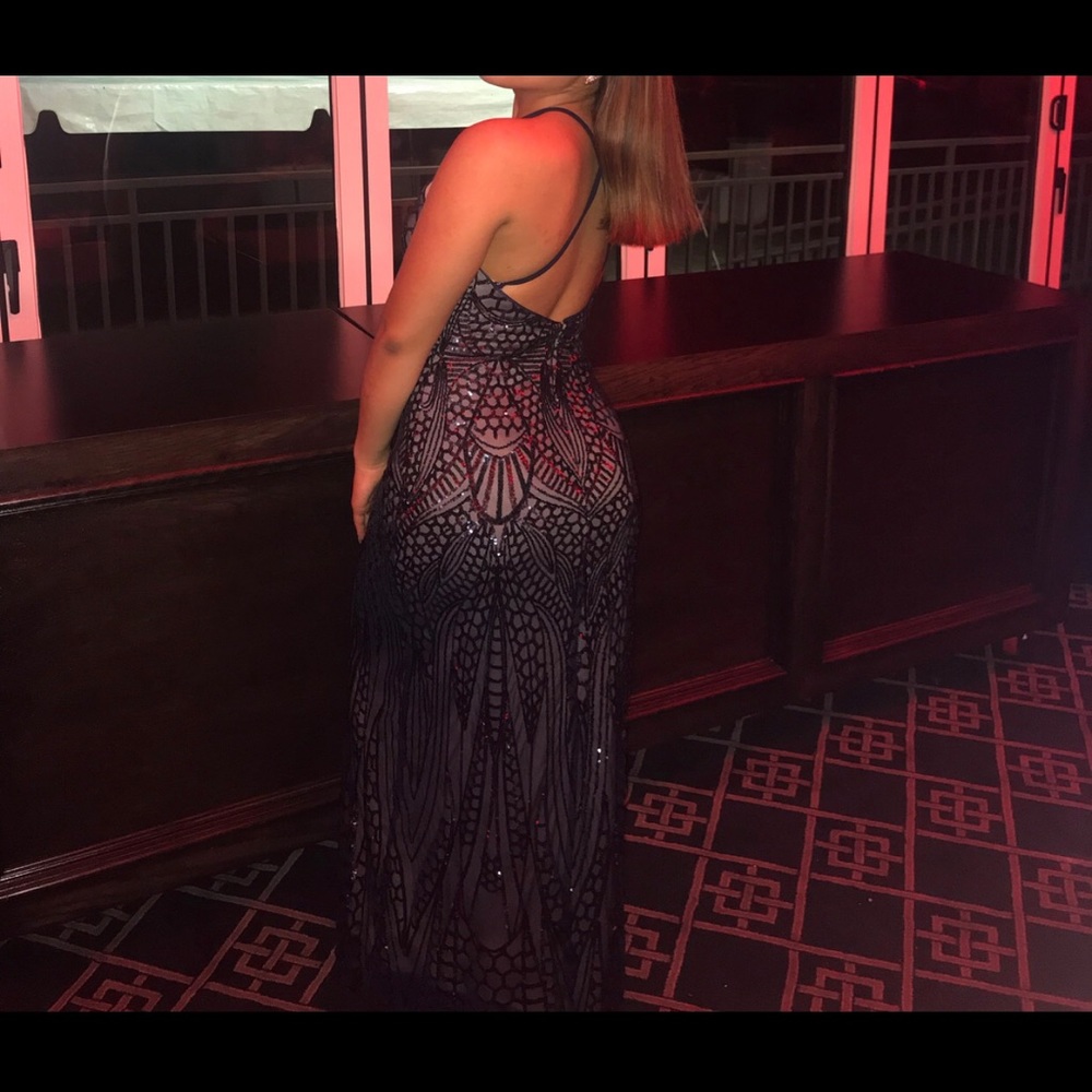 Nightway Sequined Strappy Back Halter Gown